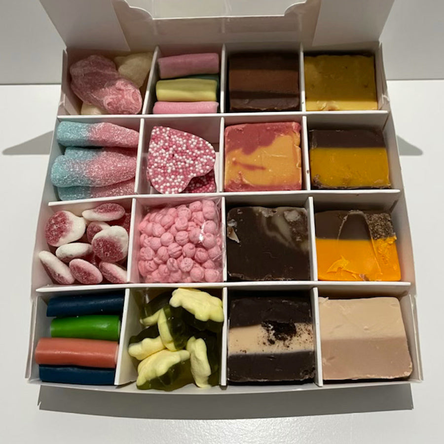 Pick-n-mix 50-50 sweet and fudge box - 16 choices